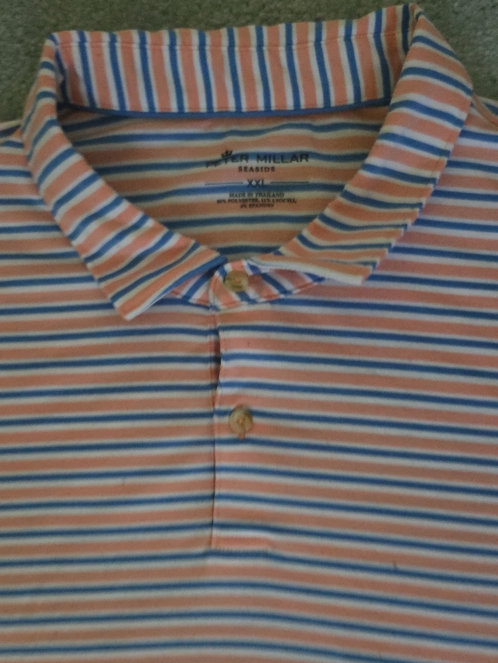 Peter Millar Striped Seaside Golf Polo in Coral and Light Blue, XXL